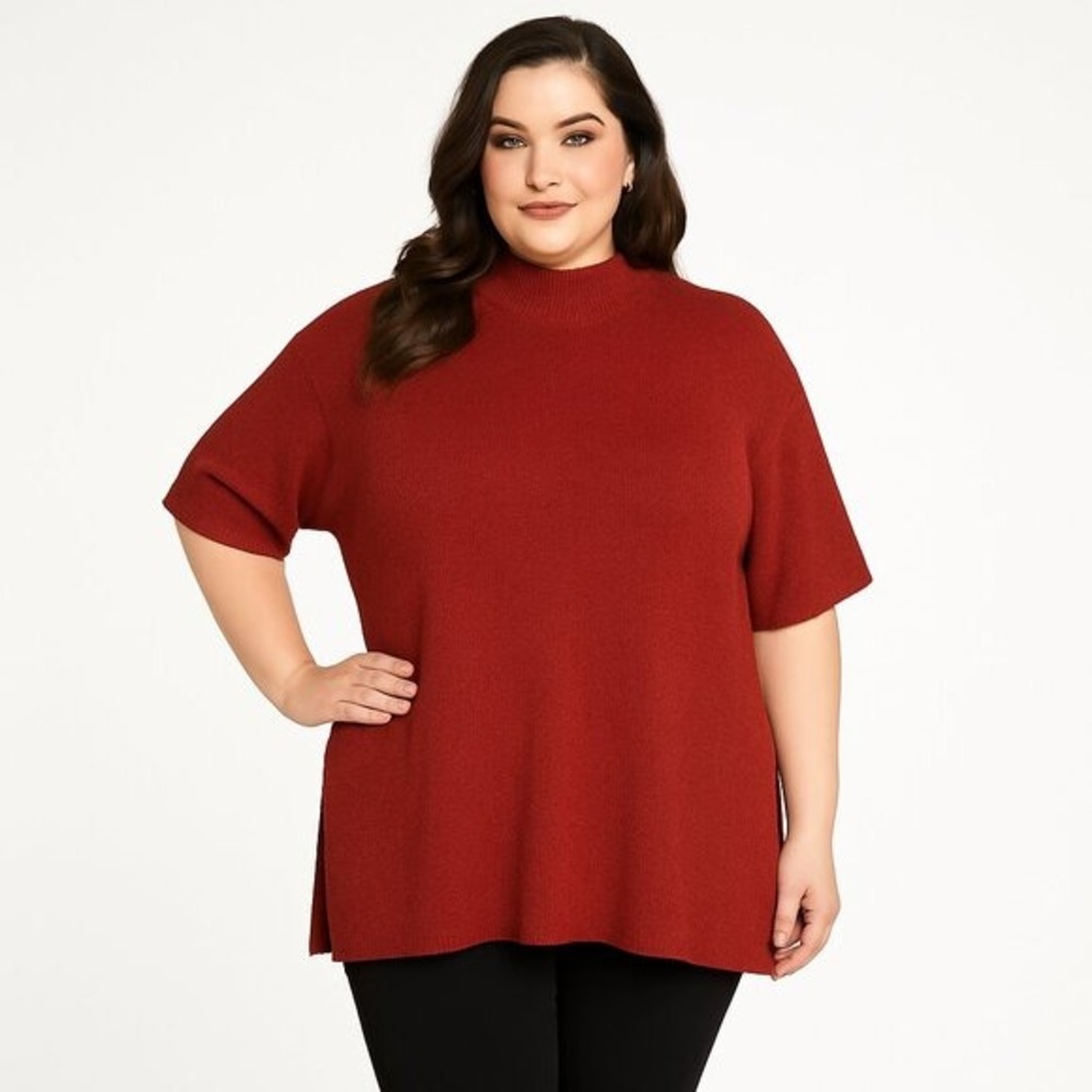 Rafaella Red Knit Mock Neck Half-Sleeve Tunic Blouse Sparkly Holidays SZ 3X